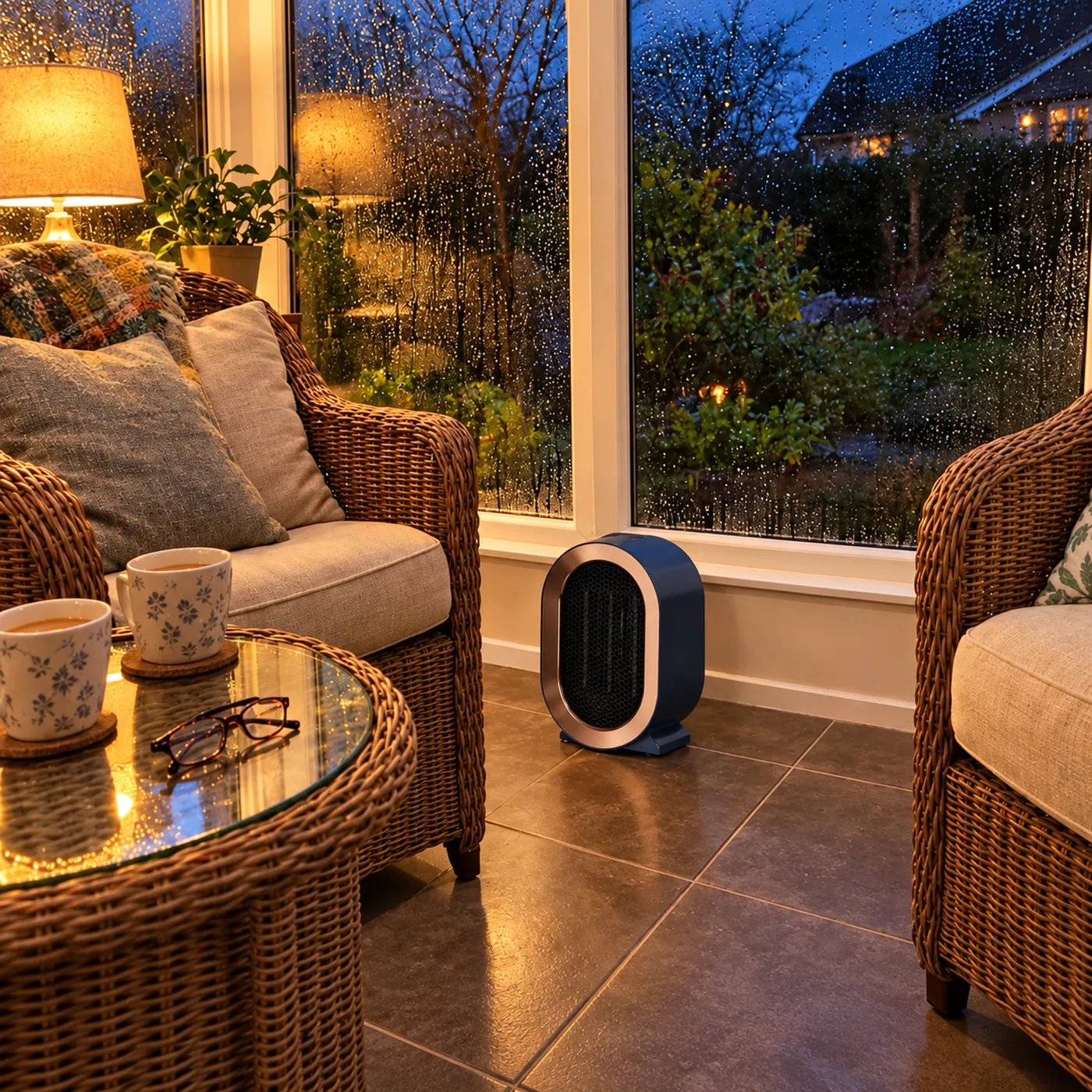 Ofenwerk K1 warming a conservatory on a rainy evening